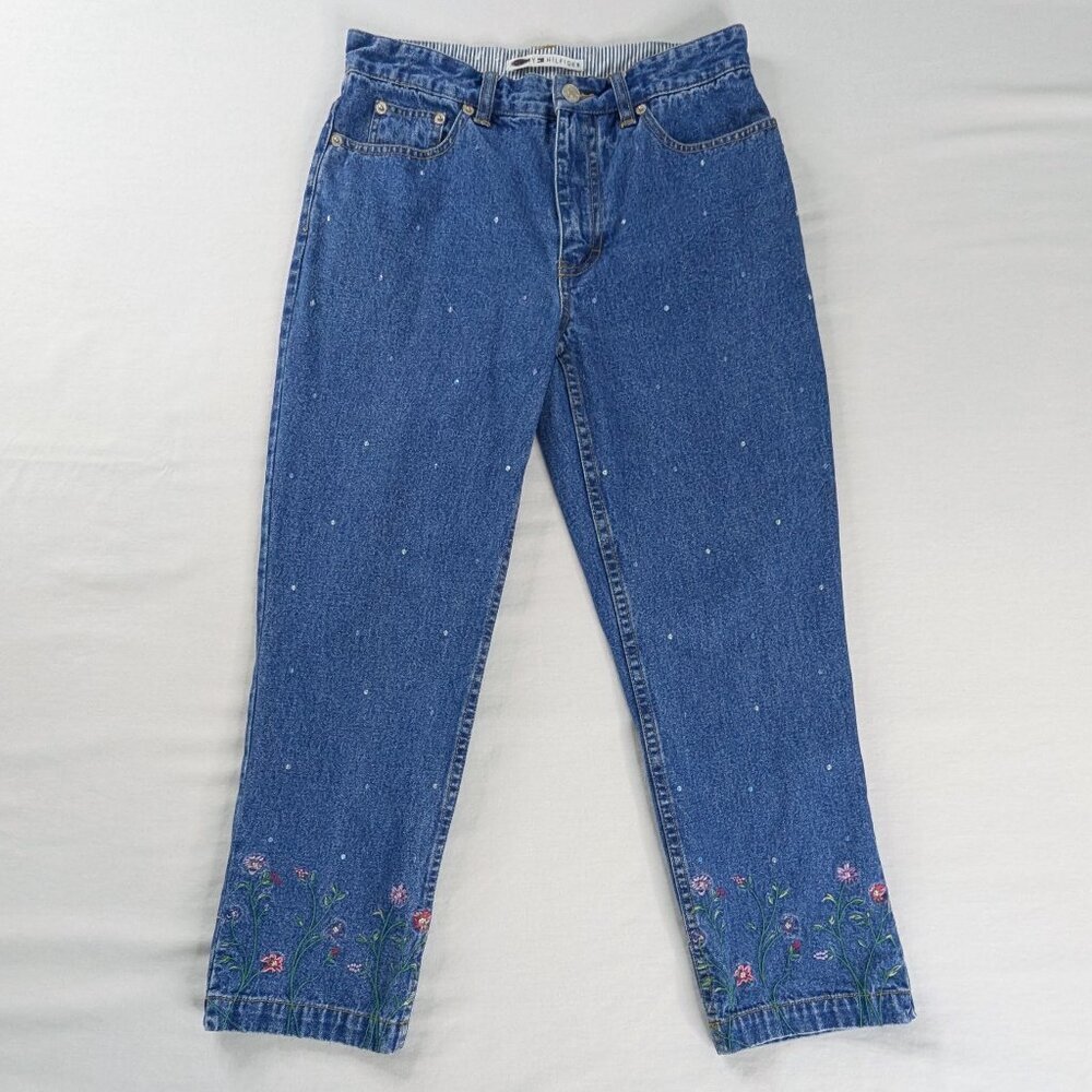 VTG Tommy Hilfiger Floral Embroidered Leg Denim Sequin Sewn Detail Capris y2k
